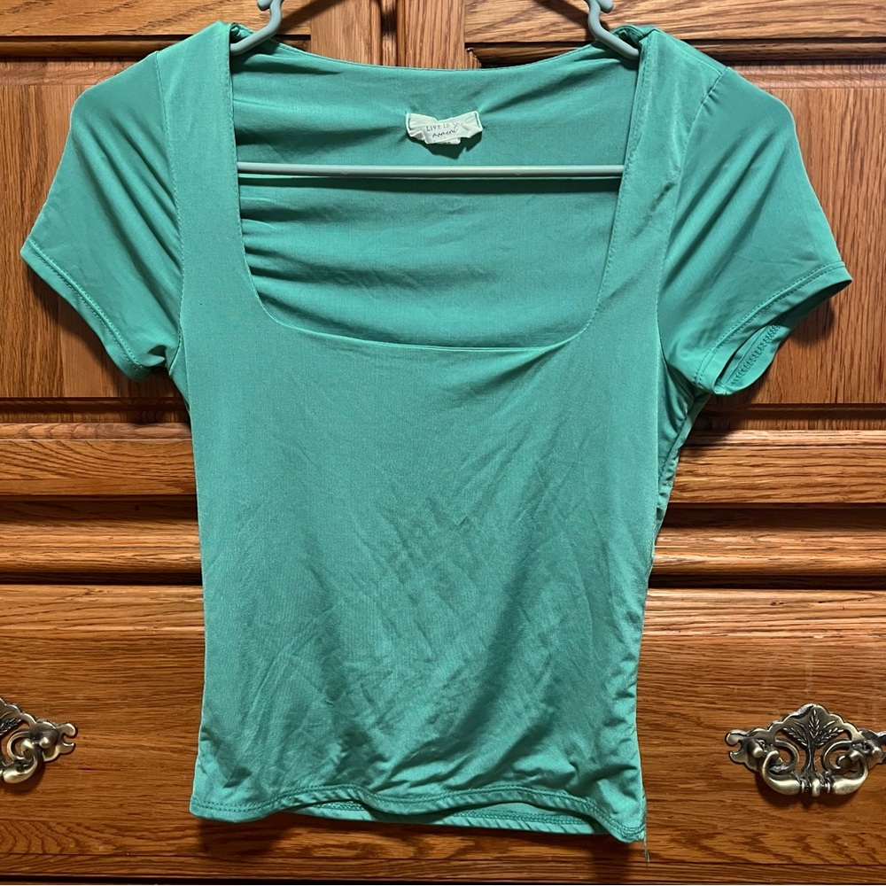 T.J.Maxx Green Square Neck Short Sleeve Top